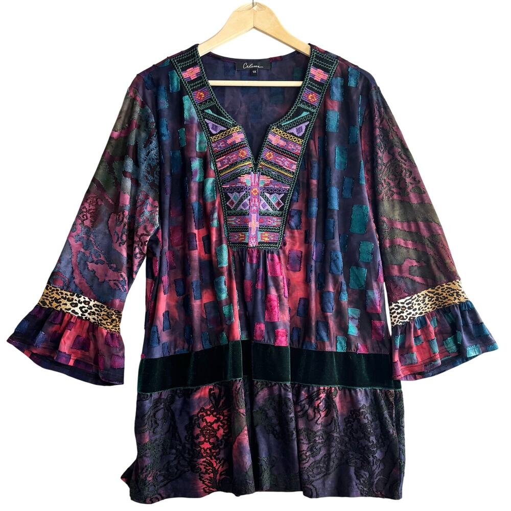 Calessa Tunic Top Patchwork Embroidered Velvet Burnout Bell Sleeve Boho Artsy